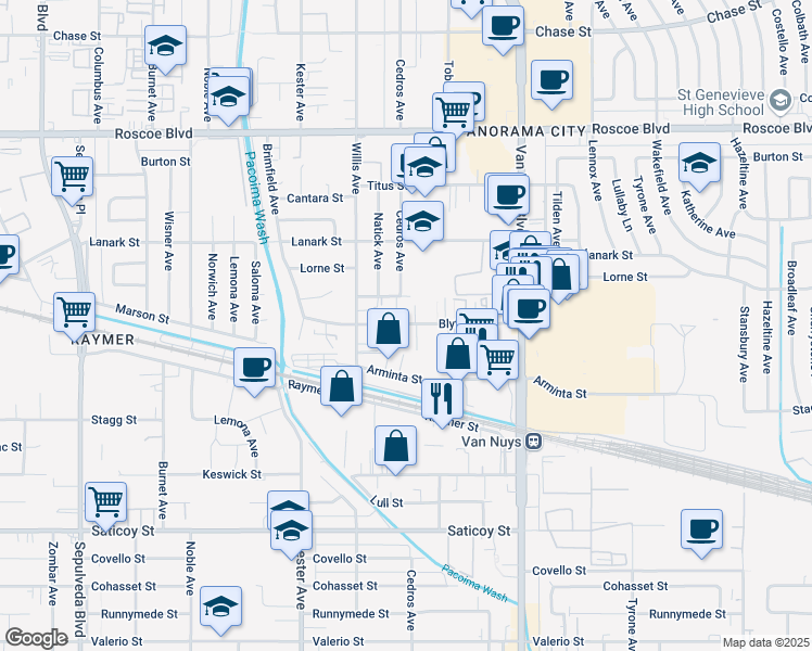 map of restaurants, bars, coffee shops, grocery stores, and more near 14710 Blythe Street in Panorama City