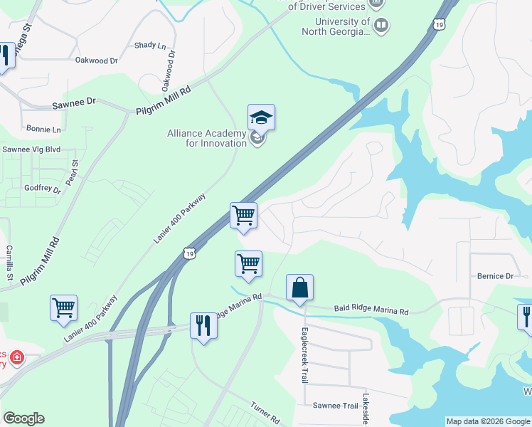 map of restaurants, bars, coffee shops, grocery stores, and more near 1256 Elderwood Way in Cumming
