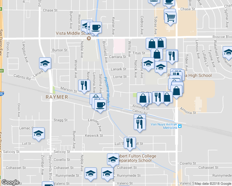 map of restaurants, bars, coffee shops, grocery stores, and more near 7932 Brimfield Avenue in Los Angeles