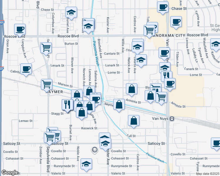map of restaurants, bars, coffee shops, grocery stores, and more near 7846 Willis Avenue in Los Angeles