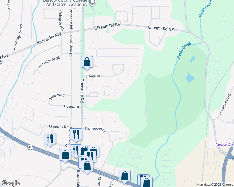 map of restaurants, bars, coffee shops, grocery stores, and more near 39 Hampton Drive in Cartersville