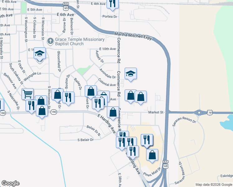map of restaurants, bars, coffee shops, grocery stores, and more near 2814 Claremont Avenue in Pine Bluff