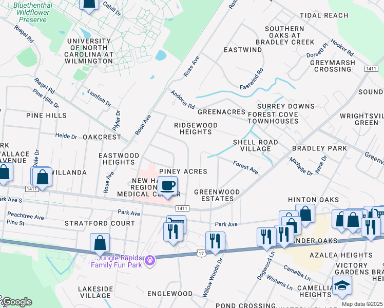 map of restaurants, bars, coffee shops, grocery stores, and more near 224 Huntington Road in Wilmington