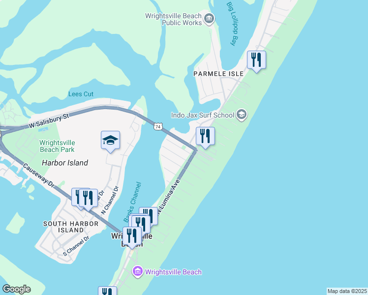 map of restaurants, bars, coffee shops, grocery stores, and more near 12 West Greensboro Street in Wrightsville Beach