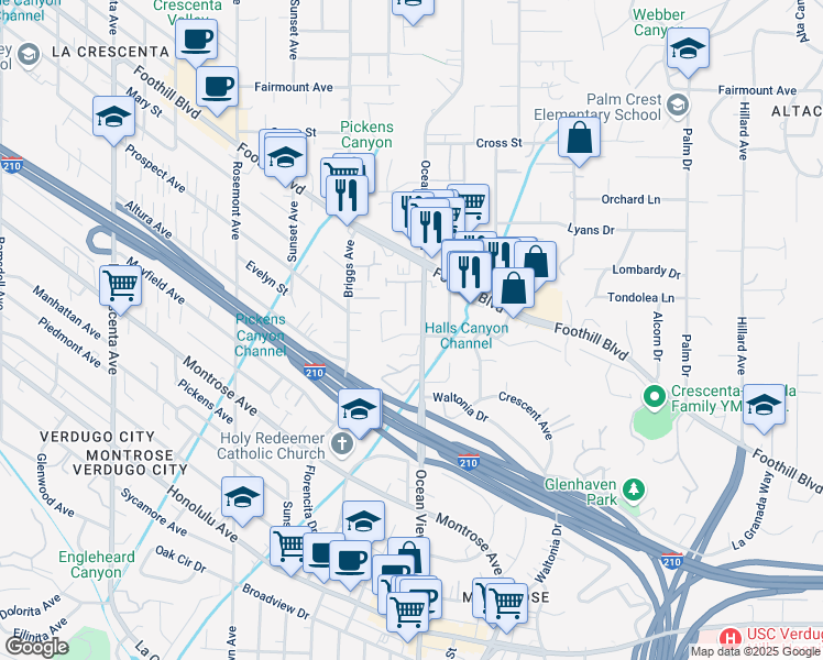 map of restaurants, bars, coffee shops, grocery stores, and more near 2312 Barton Lane in La Crescenta-Montrose