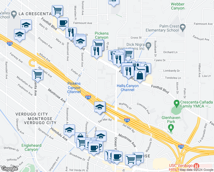 map of restaurants, bars, coffee shops, grocery stores, and more near 2357 Barton Lane in La Crescenta-Montrose