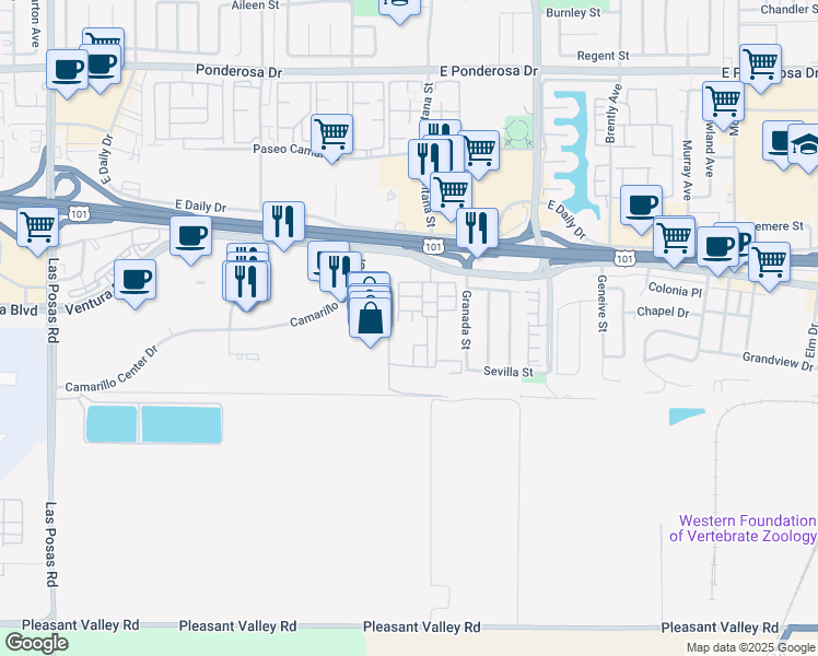 map of restaurants, bars, coffee shops, grocery stores, and more near 154 Hughes Drive in Camarillo