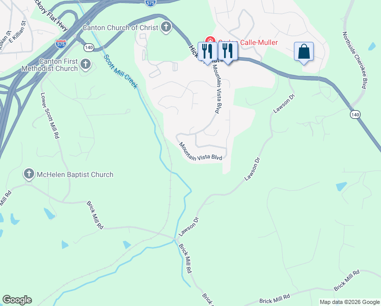 map of restaurants, bars, coffee shops, grocery stores, and more near 193 Mountain Vista Boulevard in Canton
