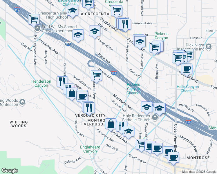 map of restaurants, bars, coffee shops, grocery stores, and more near 2705 Montrose Avenue in Glendale