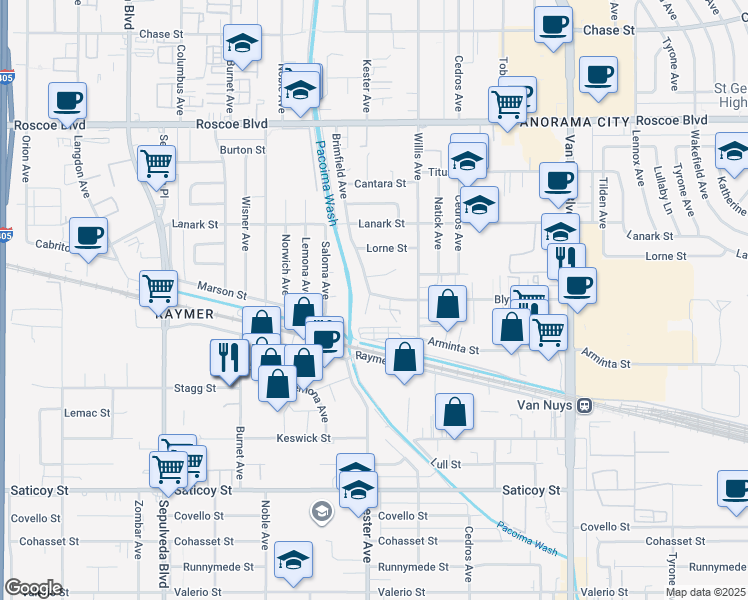 map of restaurants, bars, coffee shops, grocery stores, and more near 7846 Willis Avenue in Los Angeles