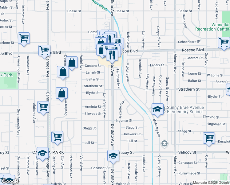 map of restaurants, bars, coffee shops, grocery stores, and more near 7942 De Soto Avenue in Los Angeles