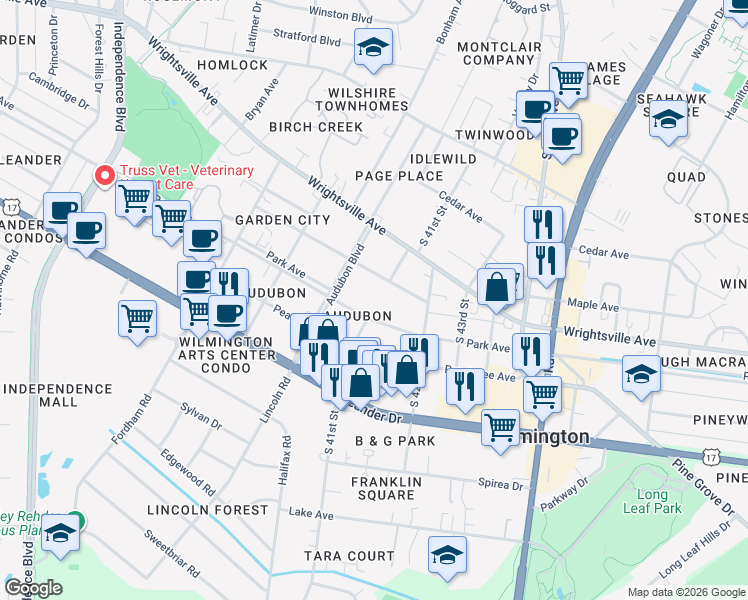 map of restaurants, bars, coffee shops, grocery stores, and more near 4101 Park Avenue in Wilmington
