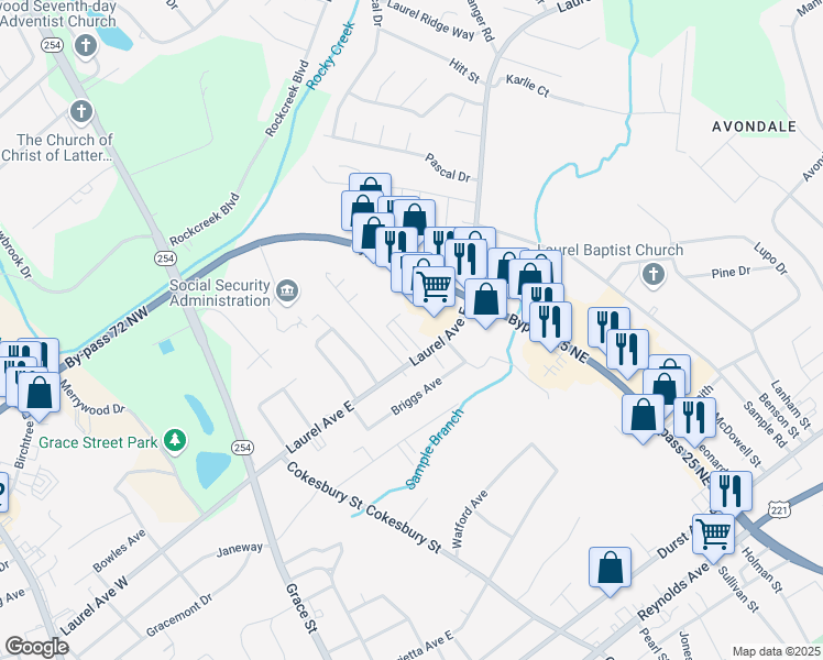 map of restaurants, bars, coffee shops, grocery stores, and more near 110 Leyland Court in Greenwood