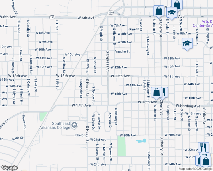 map of restaurants, bars, coffee shops, grocery stores, and more near 1400 South Cypress Street in Pine Bluff