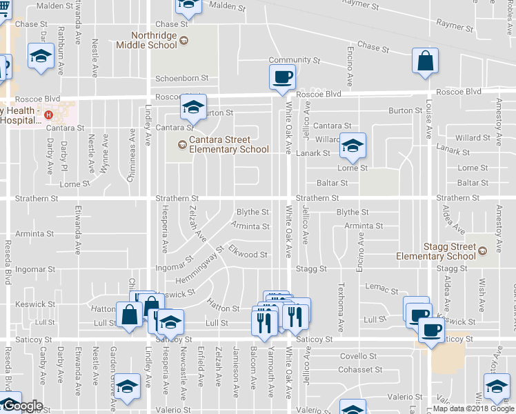 map of restaurants, bars, coffee shops, grocery stores, and more near 17751 Blythe Street in Los Angeles
