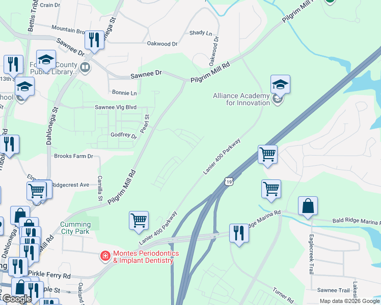 map of restaurants, bars, coffee shops, grocery stores, and more near 725 Lanier 400 Parkway in Cumming