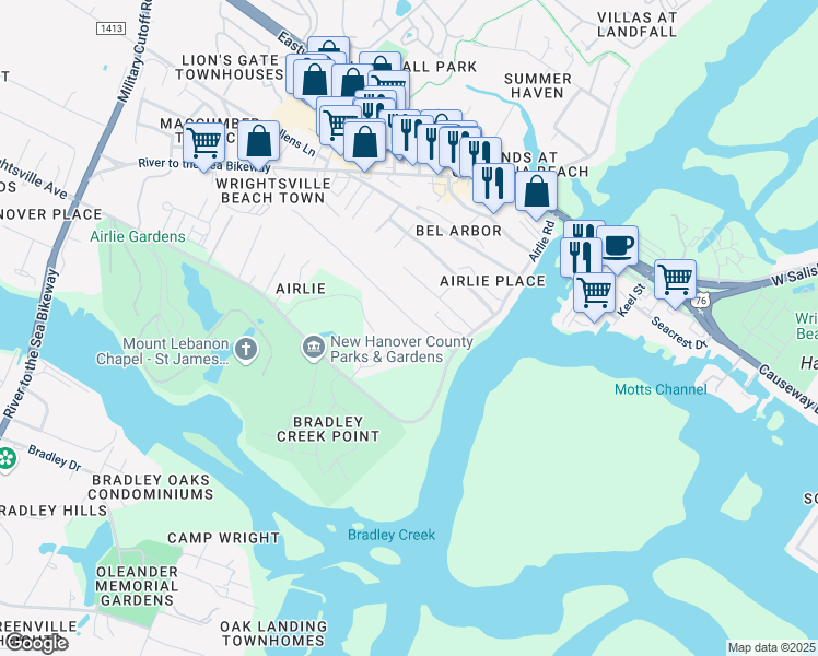 map of restaurants, bars, coffee shops, grocery stores, and more near 148 Edgewater Lane in Wilmington