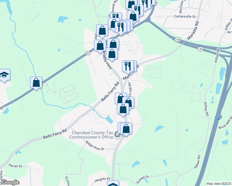 map of restaurants, bars, coffee shops, grocery stores, and more near 12840 Bells Ferry Road in Canton
