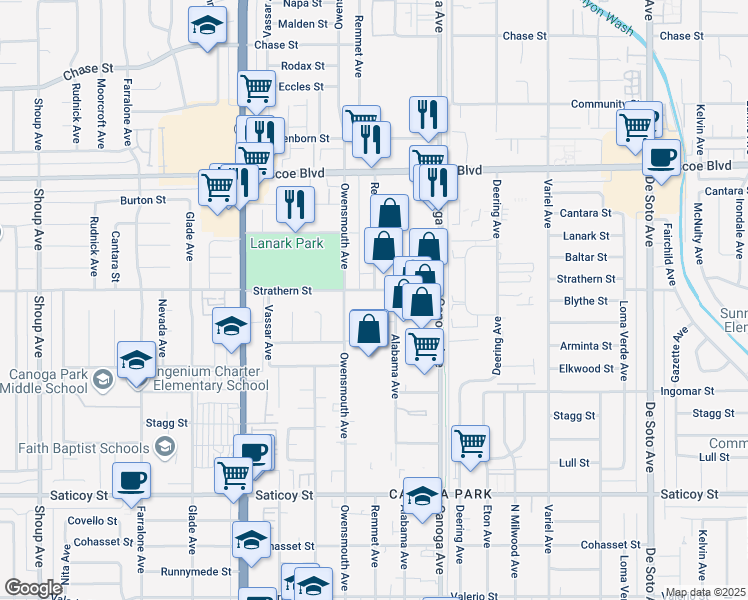 map of restaurants, bars, coffee shops, grocery stores, and more near 21520 Strathern Street in Los Angeles