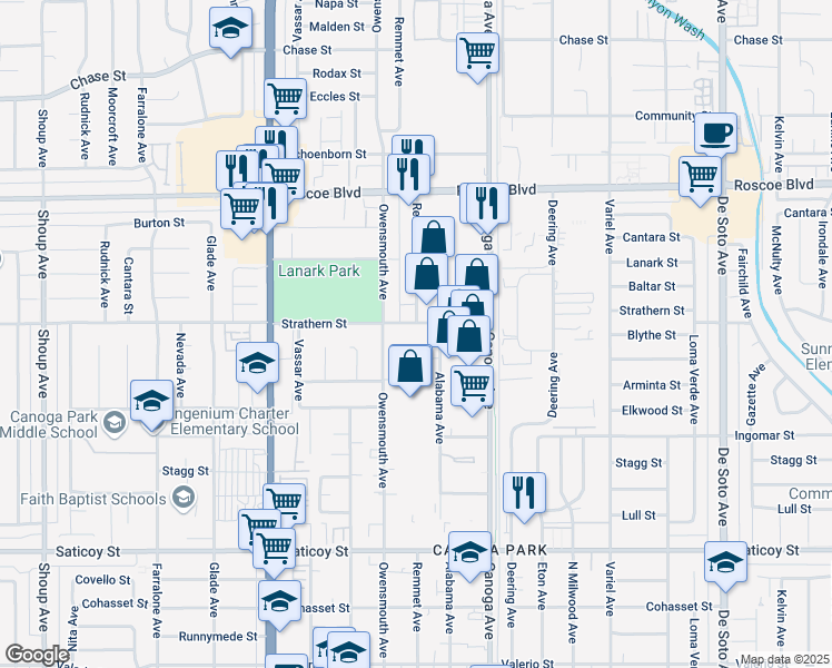 map of restaurants, bars, coffee shops, grocery stores, and more near 21520 Strathern Street in Los Angeles