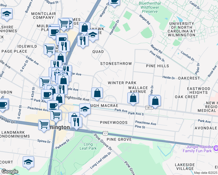 map of restaurants, bars, coffee shops, grocery stores, and more near 4922 Old Mears Road in Wilmington