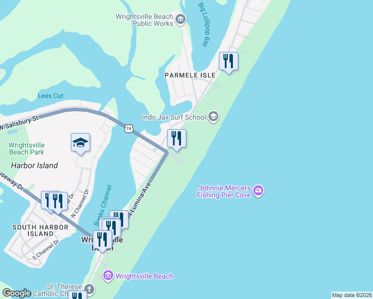 map of restaurants, bars, coffee shops, grocery stores, and more near 15 Seagull Street in Wrightsville Beach