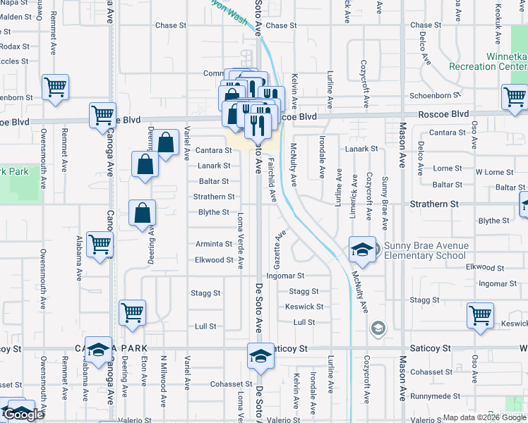 map of restaurants, bars, coffee shops, grocery stores, and more near 7942 De Soto Avenue in Los Angeles
