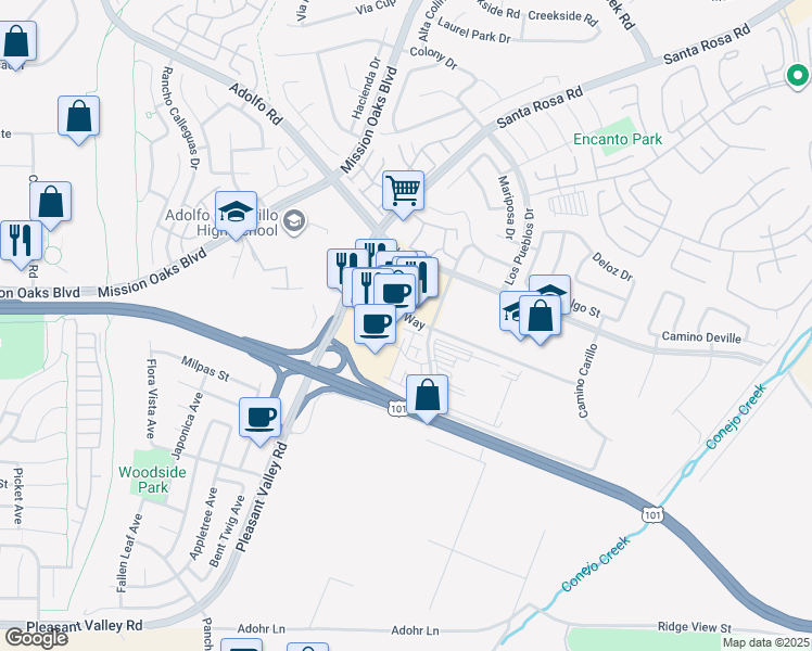 map of restaurants, bars, coffee shops, grocery stores, and more near 5020 Verdugo Way in Camarillo