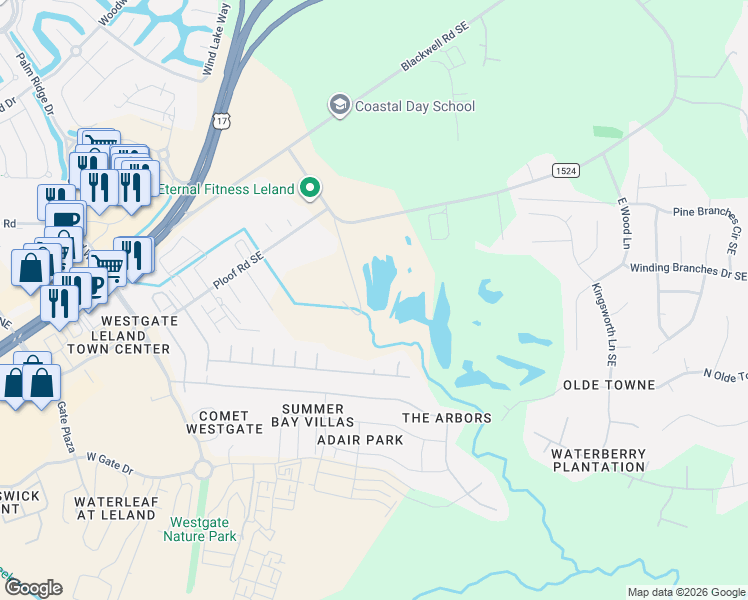 map of restaurants, bars, coffee shops, grocery stores, and more near 245 Raceway Road Southeast in Leland