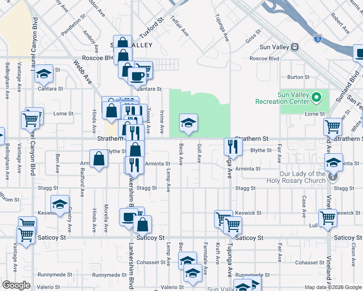 map of restaurants, bars, coffee shops, grocery stores, and more near 7972 Beck Avenue in Los Angeles