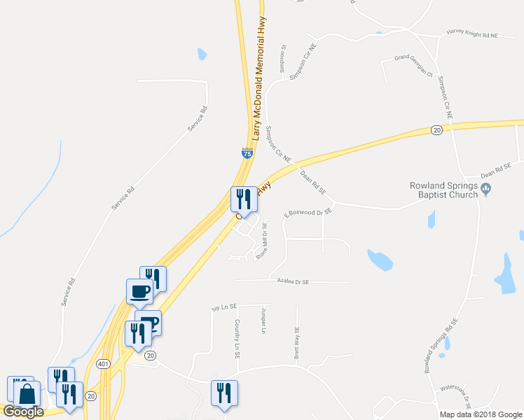 map of restaurants, bars, coffee shops, grocery stores, and more near 40 Stone Mill Drive Southeast in Cartersville