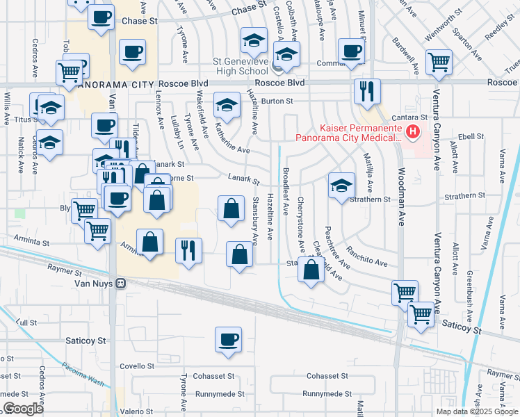 map of restaurants, bars, coffee shops, grocery stores, and more near 7940 Stansbury Avenue in Los Angeles