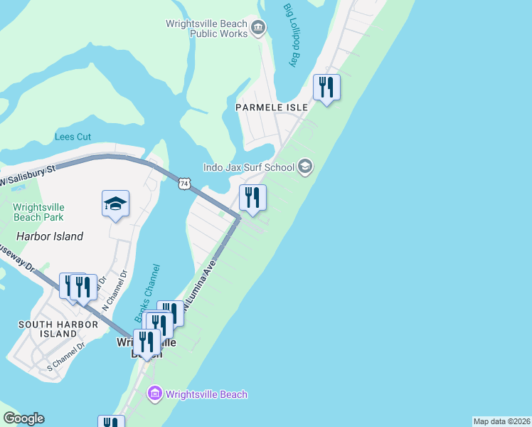 map of restaurants, bars, coffee shops, grocery stores, and more near 15 Seagull Street in Wrightsville Beach
