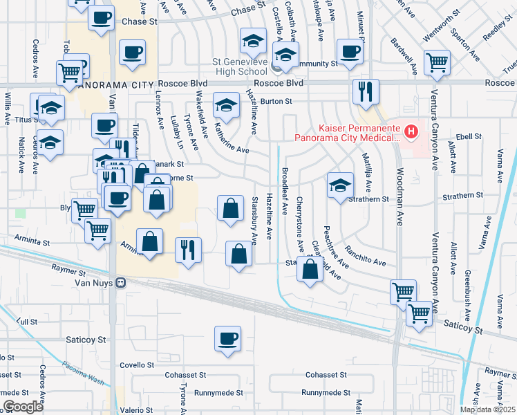 map of restaurants, bars, coffee shops, grocery stores, and more near 7940 Stansbury Avenue in Los Angeles