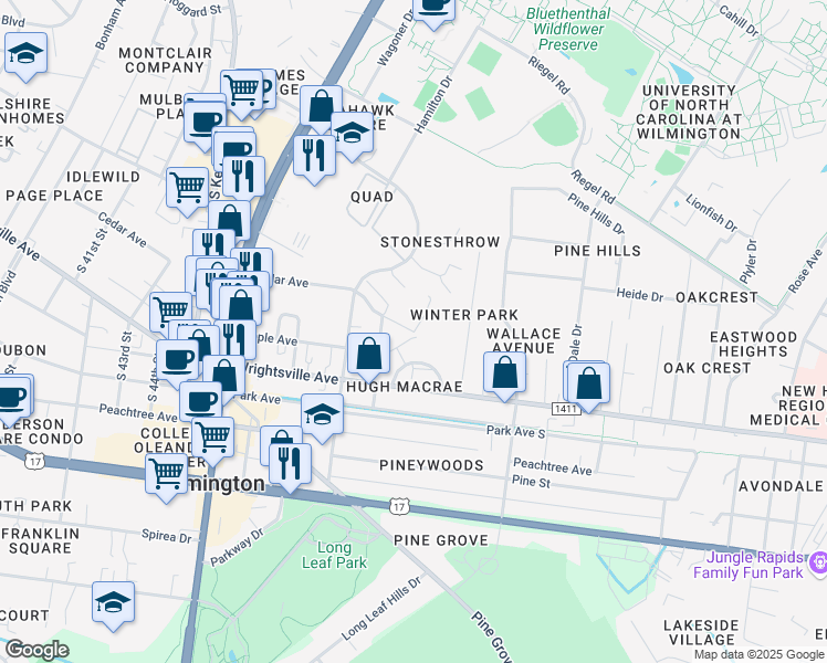 map of restaurants, bars, coffee shops, grocery stores, and more near 4924 Old Mears Road in Wilmington