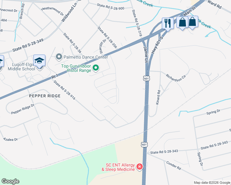 map of restaurants, bars, coffee shops, grocery stores, and more near 1300 Elk Lodge Court in Lugoff