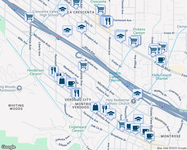map of restaurants, bars, coffee shops, grocery stores, and more near 2705 Montrose Avenue in Glendale