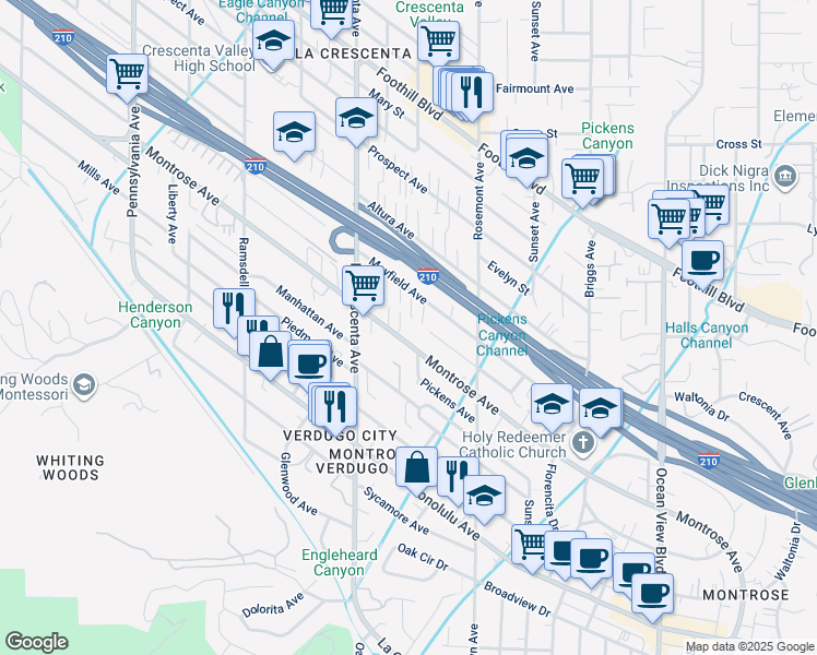 map of restaurants, bars, coffee shops, grocery stores, and more near in Los Angeles County