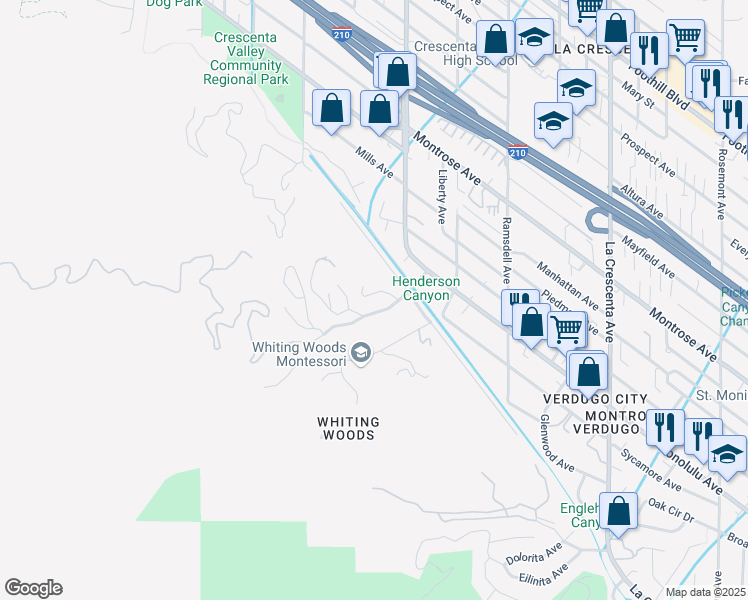 map of restaurants, bars, coffee shops, grocery stores, and more near 3777 Whiting Manor Lane in Glendale