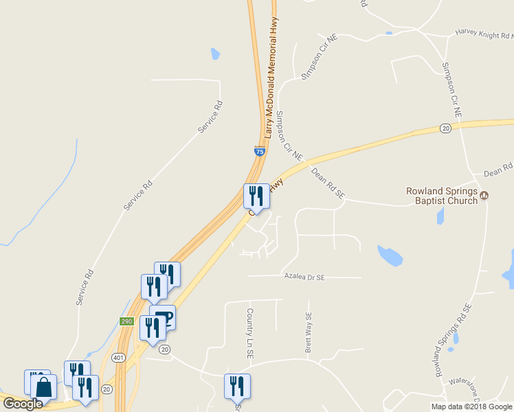 map of restaurants, bars, coffee shops, grocery stores, and more near Canton Highway in Cartersville