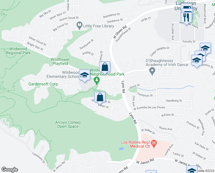 map of restaurants, bars, coffee shops, grocery stores, and more near 2645 La Paloma Circle in Thousand Oaks
