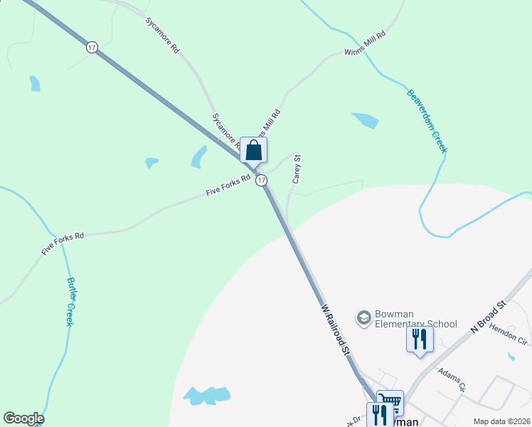 map of restaurants, bars, coffee shops, grocery stores, and more near 417 West Railroad Street in Bowman