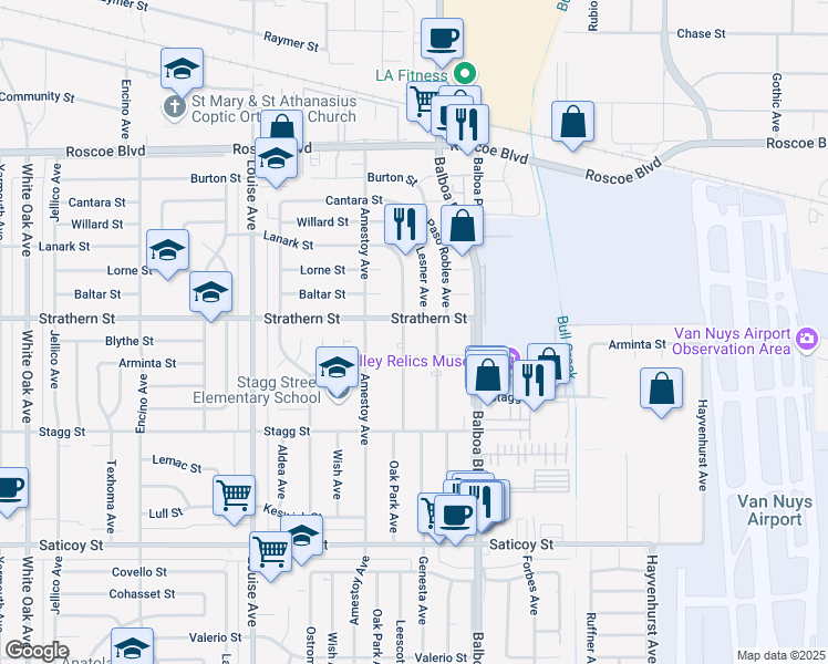 map of restaurants, bars, coffee shops, grocery stores, and more near 7945 Paso Robles Avenue in Los Angeles