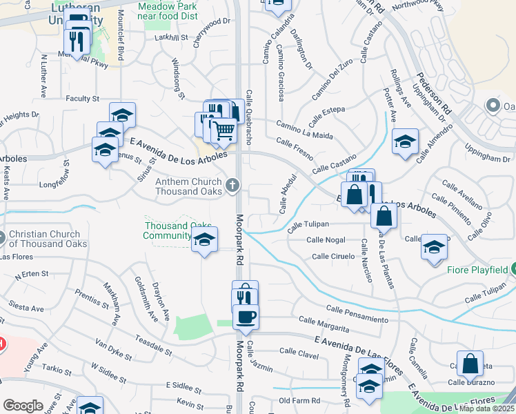 map of restaurants, bars, coffee shops, grocery stores, and more near 2654 Calle Bienvenido in Thousand Oaks