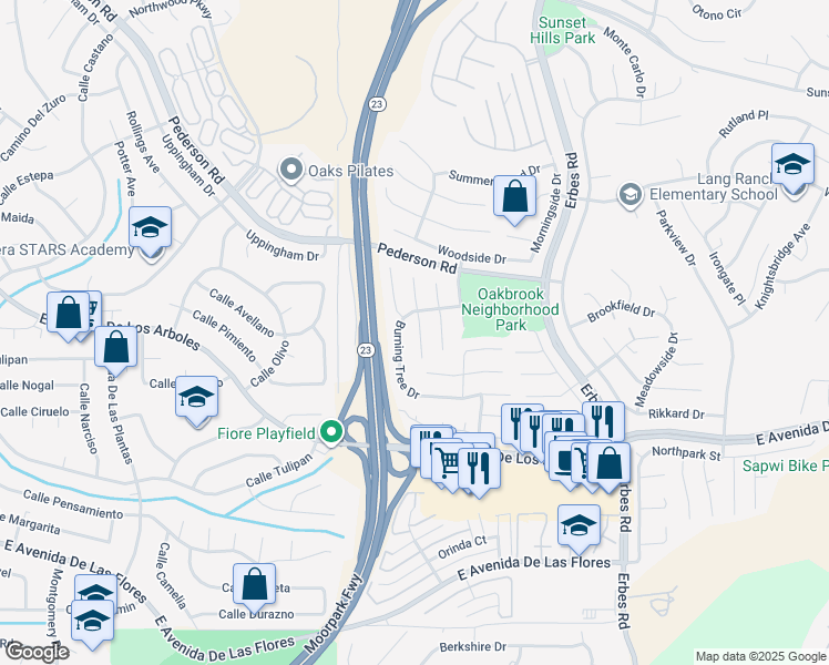 map of restaurants, bars, coffee shops, grocery stores, and more near 2749 Amber Wood Place in Thousand Oaks