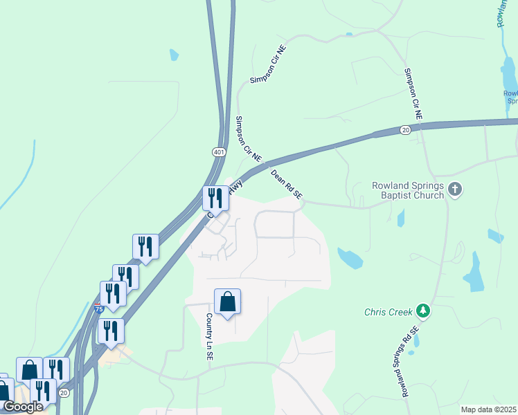 map of restaurants, bars, coffee shops, grocery stores, and more near 38 East Boxwood Drive Southeast in Cartersville