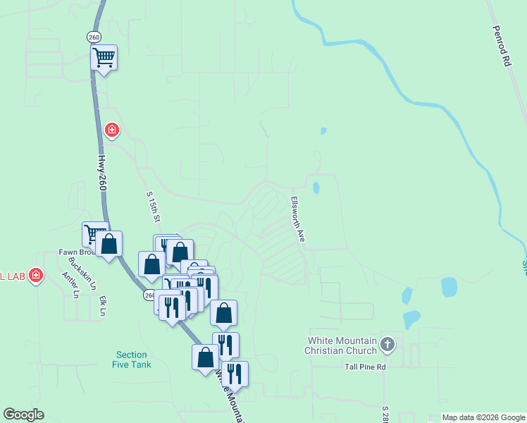 map of restaurants, bars, coffee shops, grocery stores, and more near 3891 South Mule Skinner in Show Low