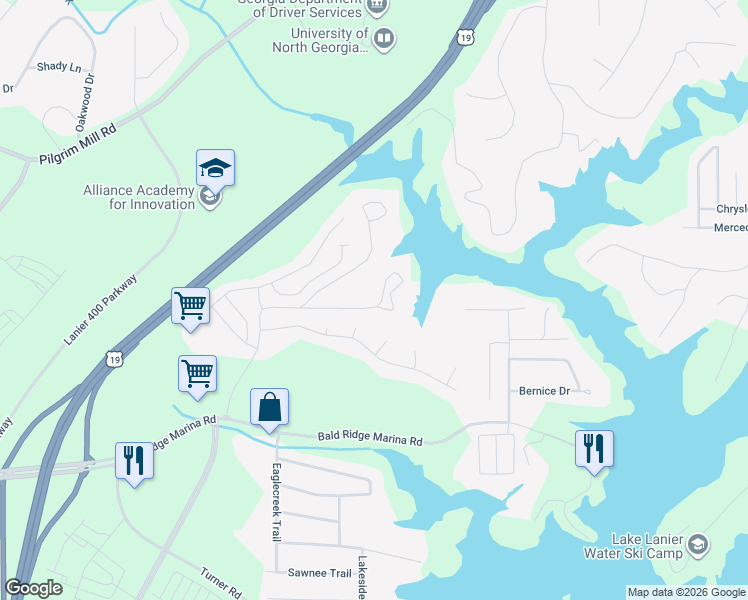 map of restaurants, bars, coffee shops, grocery stores, and more near 1575 Dogwood Drive in Cumming