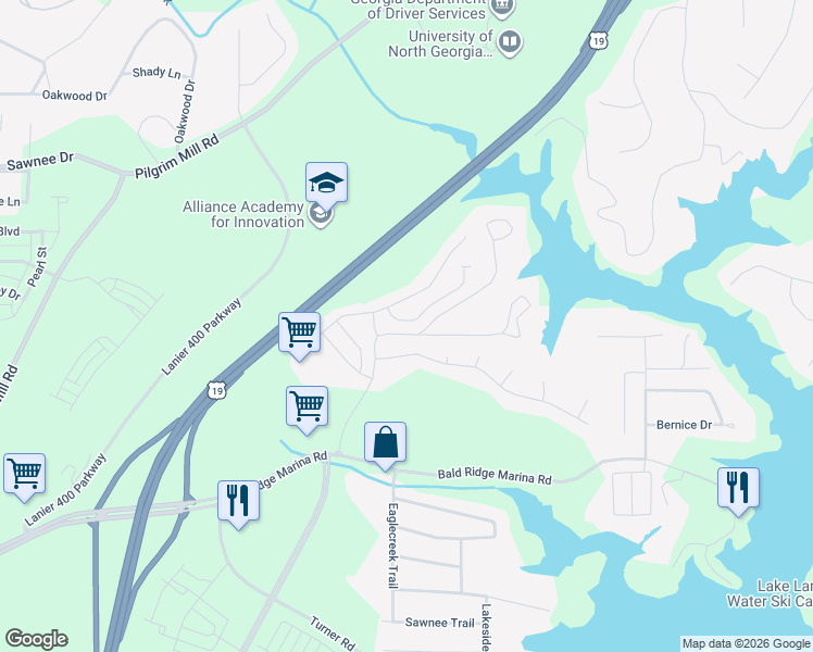 map of restaurants, bars, coffee shops, grocery stores, and more near 1375 Watercrest Drive in Cumming