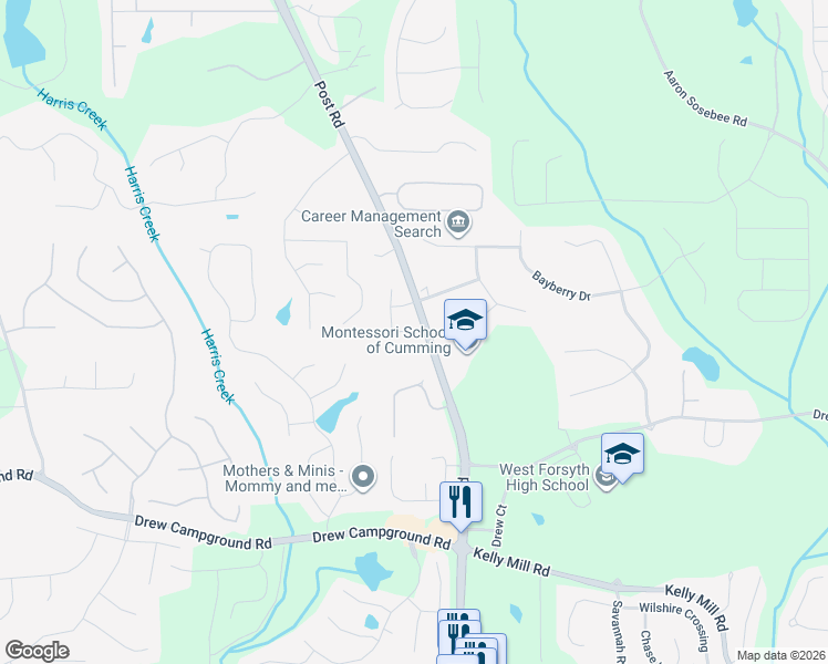 map of restaurants, bars, coffee shops, grocery stores, and more near 4535 Carriage Walk Lane in Cumming
